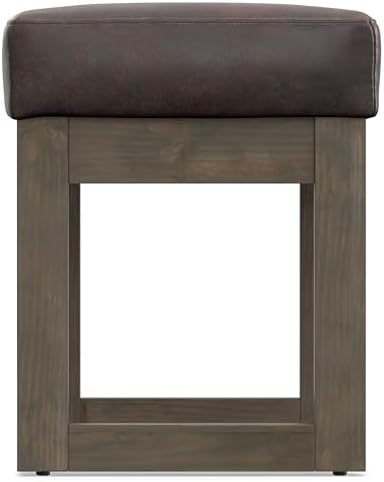SIMPLIHOME Milltown 27" Wide Vegan Leather Ottoman in Distressed Brown | Contemporary ottoman with a cushioned seat for bedroom seating; rectangle footstool, footrest or bench.