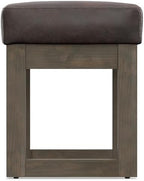 SIMPLIHOME Milltown 27" Wide Vegan Leather Ottoman in Distressed Brown | Contemporary ottoman with a cushioned seat for bedroom seating; rectangle footstool, footrest or bench.