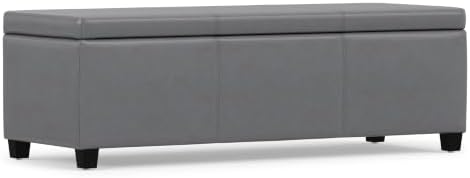 SIMPLIHOME Avalon 48" Wide Vegan Leather Storage Ottoman in Stone Grey | Contemporary lift-top ottoman with high-density foam; rectangle storage bench or coffee table for living room or entryway.