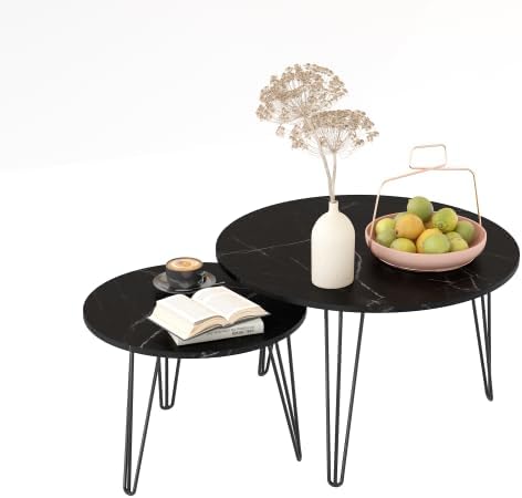 2 Piece Nesting Round Side Tables, Faux Marble Surface Nesting Coffee Table | Stackable Round Nesting Tables, Faux Marble Nesting Side Table Set, Metal Frame Coffee End Tables for Living Room Bedroom