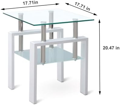 Glass End Table Tea Table with Shelf Side Table with Metal Legs Modern Small Tables for Living Room (White)
