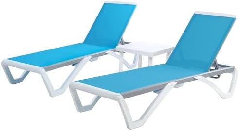 Kozyard Outdoor Chaise Lounge Chair, Full Flat Adjustable Patio Lounger with Aluminum Frame & Resin Legs, Textilene Fabric for Poolside, Backyard & Beach (Aqua, 2Chairs + Table)
