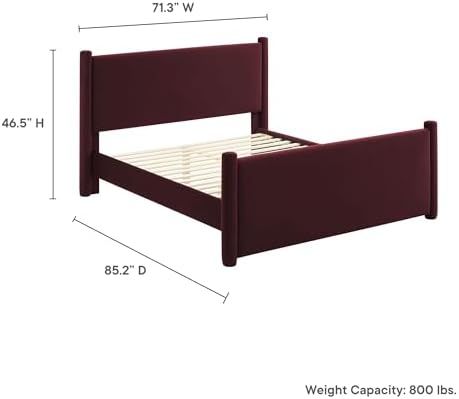 Modway Rael Queen Platform Bed Frame with Upholstered Headboard and Footboard in Mulberry – Stain-Resistant Performance Velvet Queen Size Bed with Rounded Posts