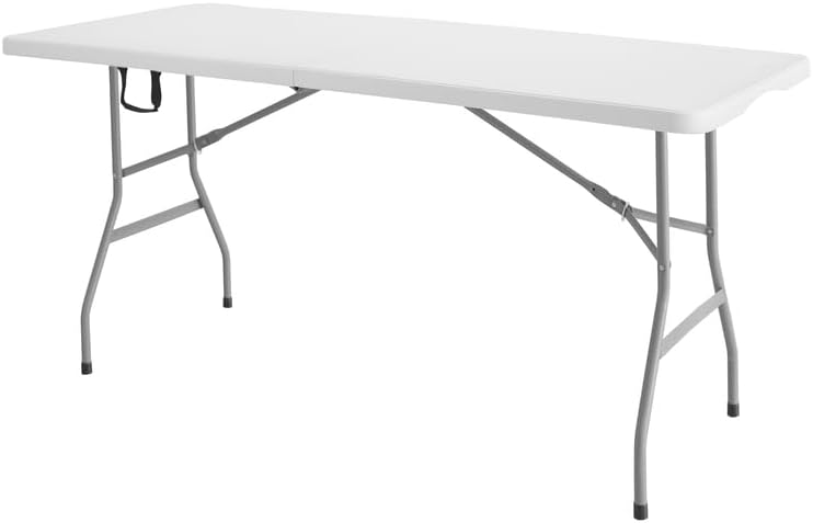 Romig Trestle 5 ft Folding Table, Blow Mold Plastic Top, Fold-in-Half with Carry Handle, Heavy-Duty Steel Frame, 60 x 29 x 29, White