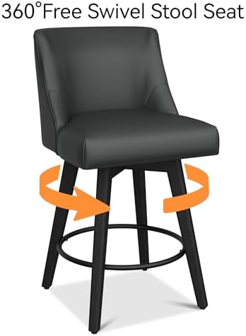 26" Counter Height Swivel Bar Stools, Set of 4, Black Grey | Faux Leather Upholstered Counter Barstools with Backs, Solid Wood Legs for Kitchen Island, Home Bar Chairs