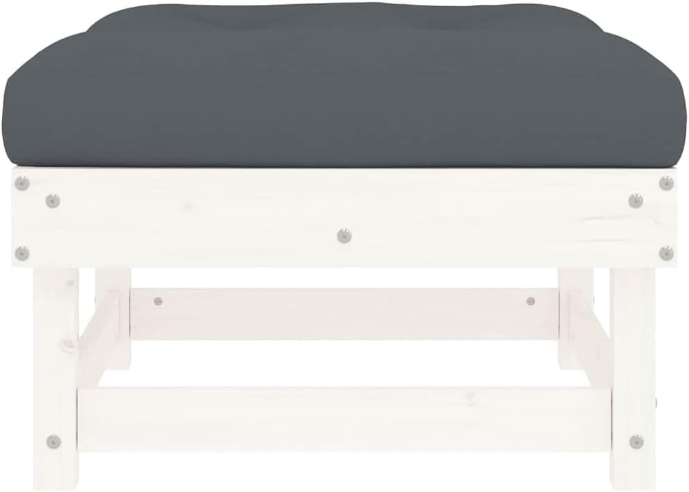Outdoor Patio Footstool with Anthracite Cushion, White Solid Pine Wood Garden Ottoman, Modular Foot Rest for Deck Backyard Poolside