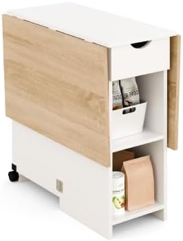 Mondeer Folding Dining Table with Drawer and Shelves, Oak & White | Drop Leaf Kitchen Table with 1 Drawer and 2 Storage Shelves in Modern Style for Small Spaces and Seats 4-6 People.