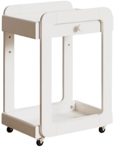 Side Table with 2 Tier Storage Shelf and Wheels Wood End Table Nightstand Bedside Tables Bookshelf for Home Solid Construction(White)