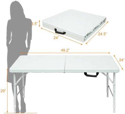 Folding Table 4FT, Heavy Duty Portable Plastic Folding Table with Handle, Anti-Slip Feet, Waterproof, Easy to Clean, Adjustable Height, 300LBS Capacity, Foldable for Indoor Outdoor Use(White)