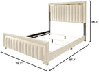 HOME DESIGN Olathe King Size Upholstered Panel Bed Frame, Vertical Channel Tufted Headboard with Gold Metal Accent, Velvet Fabric, Platform Design, Box Spring Required, Beige