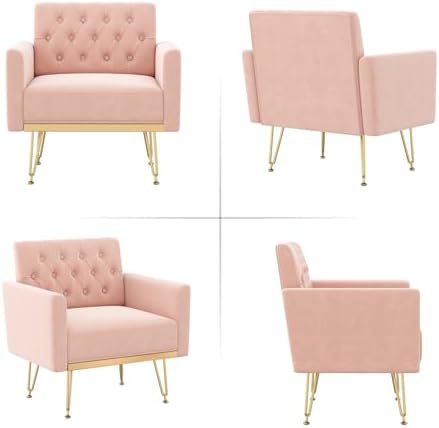Olela Accent Chair with Arm for Living Room, Velvet Modern Armchair, Pink | Single Sofa Cozy Tufted Upholstered Reading Side Chairs with Gold Metal Leg for Bedroom Decorate