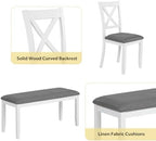 Zevemomo 6-Piece Solid Wood Dining Table Set, Wooden Legs, White | Including 1 Dining Table, 4 Upholstered Chairs and 1 Bench, Wooden Legs Dining Table Set for Dining Room, Kitchen, Restaurant