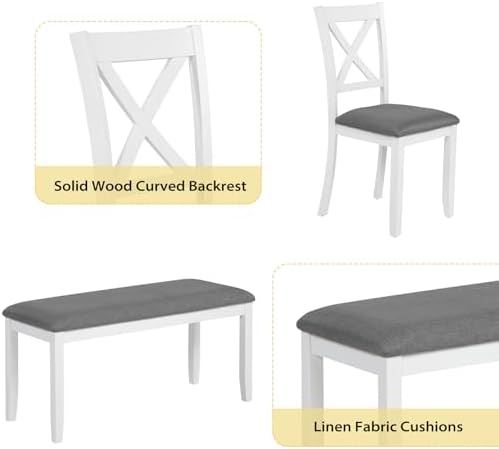 Zevemomo 6-Piece Solid Wood Dining Table Set, Wooden Legs, White | Including 1 Dining Table, 4 Upholstered Chairs and 1 Bench, Wooden Legs Dining Table Set for Dining Room, Kitchen, Restaurant