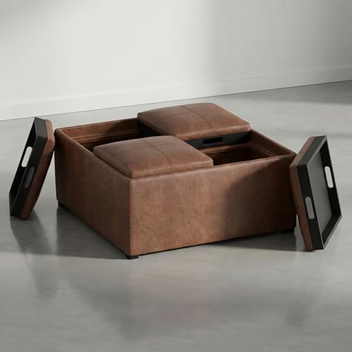 SIMPLIHOME Avalon Coffee Table Storage Ottoman - 35 inch Wide Upholstered Vegan Leather Square Storage Ottoman in Distressed Pecan Brown, Contemporary Ottoman for Living Room with Serving Trays