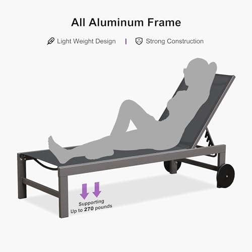 PURPLE LEAF Patio Lounge Chair Set for 2, Quick-Dry Fabric, Grey | Rust-resistant powder-coated frame, 270 lbs, quick-dry/fade-resistant Textilene mesh, 5-pos flat recline, wheels, side table