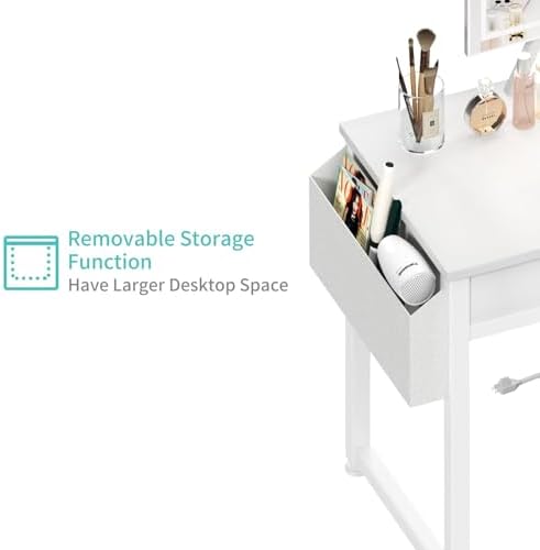 Lufeiya Small Makeup Vanity Desk with Fabric Drawers, 32 inch White Vanity Desks with Mirror and Light, Dressing Table and Chair Set with Power Outlet for Girls Bedroom, White
