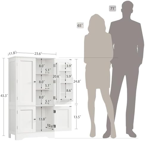 TEENFON 43'H Pantry Cabinet with 4 Doors, Kitchen Cabinet with 6 Door Shelves, Storage Cabinet-Kitchen Pantry for Living Room, Dining Room, Bathroom, White