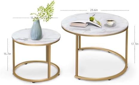 aboxoo Coffee Table Nesting White Set of 2 Side Set Golden Frame Circular Round and Marble Pattern Wooden Tables, Living Room Bedroom Apartment Modern Industrial Simple Nightstand