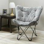 Faux Fur Butterfly Chair, Gray, Microsuede Cushion, Folding | 26.4"L x 32.5"W x 34.6"H, for Bedroom, Dorm