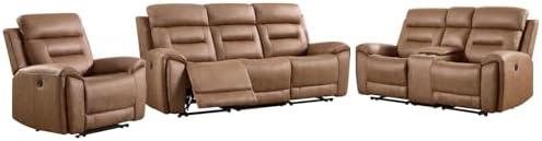 ANJ 3-Piece Power Recliner Sofa Set with Charging Ports, Include Single Recliner Chair, 2-Seater Loveseat with Hidden Storage & Cup Holders and 3-Seater Reclining Couch for Living Room, Brown
