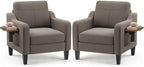 Accent Chairs Set of 2 for Living Room, Mid-Century Upholstered Armchair with Foldable Table & 2 Side Pockets, Modern Linen Wooden Sofa Chair for Bedroom & Reading Room, Brown