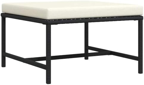 Outdoor Sectional Footrest with Cushion, Black Poly Rattan Footrest for Garden Lounge Set, Weather-Resistant PE Rattan and Powder-Coated Steel Frame, Use as Ottoman or Coffee Table