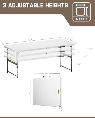 FanttikOutdoor Folding Table 6ft Quick Adjust 3 Heights Picnic Party Dining | One-Handed Adjustable Height, Fixing Lock, Carry Handle Heavy Duty Portable Fold-in-Half, Indoor Outdoor White Zeta X6 Pro