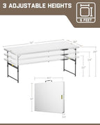 FanttikOutdoor Folding Table 6ft Quick Adjust 3 Heights Picnic Party Dining | One-Handed Adjustable Height, Fixing Lock, Carry Handle Heavy Duty Portable Fold-in-Half, Indoor Outdoor White Zeta X6 Pro