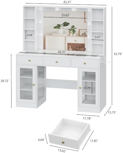 HUANLEGO White Vanity Desk with Mirror and Lights, Glass Top Vanity with Lighted Mirror & RGB Glass Cabinet and 3 Drawers, Makeup Vanity Desk with Lights Dressing Table for Bedroom, 3 Color Modes