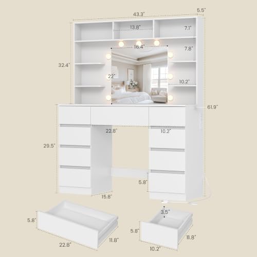 Vanity Desk with Mirror and Lights,43" Makeup Vanity Table with 9 Drawers and 7 Storage Shelves, Power Outlet & Adjustable LED Lights, Dressing Table for Bedroom，White