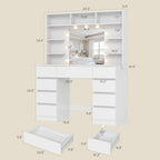 Vanity Desk with Mirror and Lights,43" Makeup Vanity Table with 9 Drawers and 7 Storage Shelves, Power Outlet & Adjustable LED Lights, Dressing Table for Bedroom，White