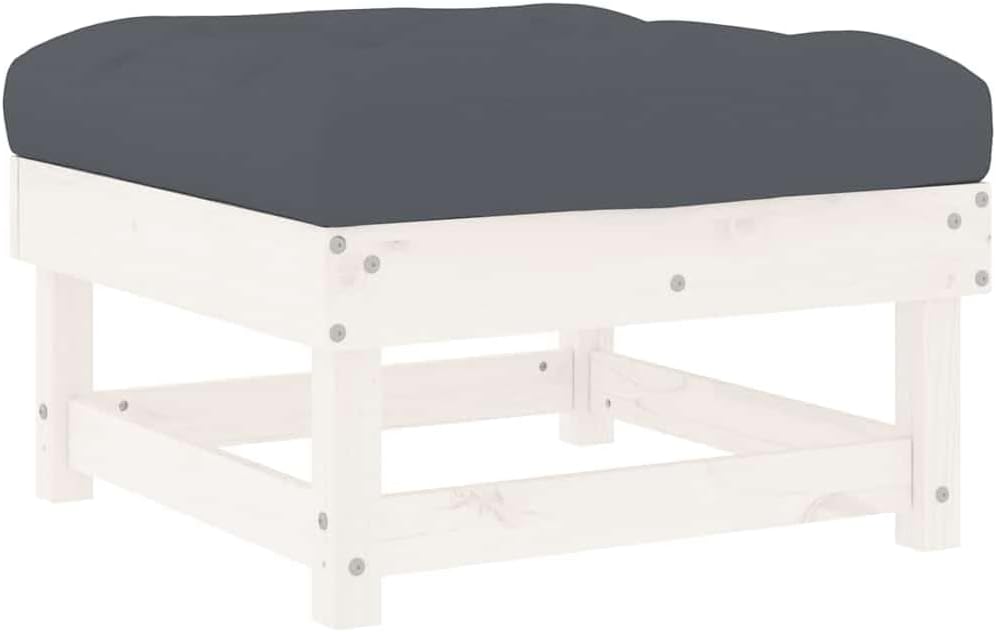 Outdoor Patio Footstool with Anthracite Cushion, White Solid Pine Wood Garden Ottoman, Modular Foot Rest for Deck Backyard Poolside