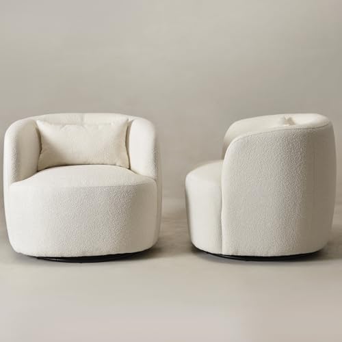 KINWELL 34" W Sherpa Swivel Barrel Chairs with Pillow Set of 2, Cream