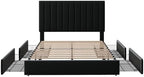 Allewie Queen Size Storage Bed Frame, Vertical Channel Tufted Adjustable Headboard, Velvet Upholstered Platform Bed with 4 Oversized Underbed Drawers, Wooden Slats Support, No Box Spring Needed, Black