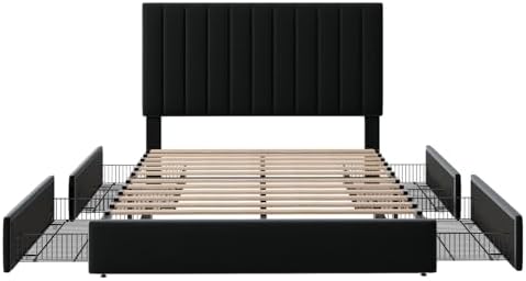Allewie Queen Size Storage Bed Frame, Vertical Channel Tufted Adjustable Headboard, Velvet Upholstered Platform Bed with 4 Oversized Underbed Drawers, Wooden Slats Support, No Box Spring Needed, Black