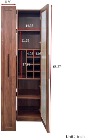 Kitchen Pantry Cabinet with 5-Tier Shelf, Pull-Out Hutch Cabinet with Glass Door & Spice Rack, Freestanding Wine Bar Cabinet with Glass Holder & 8-Bottle Wine Rack for Living Room, Dining Room, Walnut