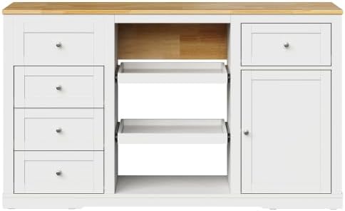 Kitchen Island with Charging Station Wood Kitchen Cart with Drawers Cabinet | Kitchen Island Cart, Wood Top Kitchen Island with Drawer Cabinet & Dual Pull‑Out Trays for Household Storage