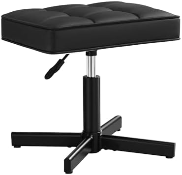 LUE BONA Adjustable Vanity Stool, Foot Rest Under Desk, 360° Swivel Vanity Chair for Makeup Room, Black Upholstered Faux Leather Ottoman for Bathroom & Living Room, 300lbs
