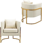 Velvet Accent Chairs Set of 2, Mid Century Modern Upholstered Barrel Armchair with Pillow for Living Room, Comfy Single Club Chair with Metal Gold Legs for Bedroom, White
