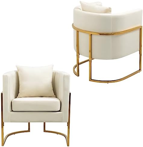 Velvet Accent Chairs Set of 2, Mid Century Modern Upholstered Barrel Armchair with Pillow for Living Room, Comfy Single Club Chair with Metal Gold Legs for Bedroom, White