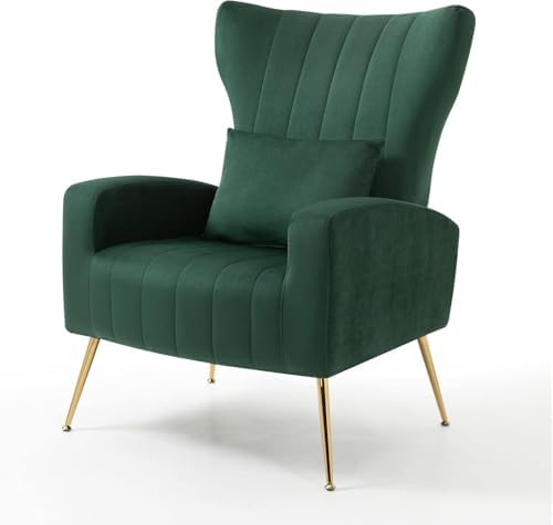 Modern Accent Chairs Set of 2, Wingback Chair with Arm & Gold Legs, Living Room Bedroom Side Chair with Lumbar Pillow, Velvet Upholstered, Channel Tufted, Green