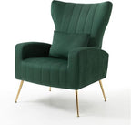 Modern Accent Chairs Set of 2, Wingback Chair with Arm & Gold Legs, Living Room Bedroom Side Chair with Lumbar Pillow, Velvet Upholstered, Channel Tufted, Green