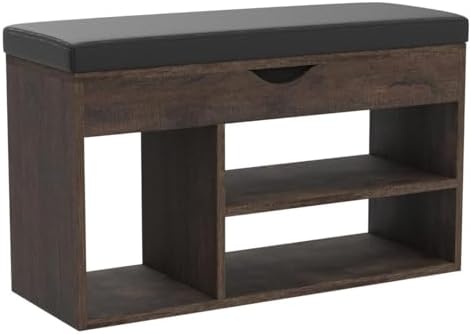 Apicizon 31 Inches Storage Bench with Padded Cushion, Shoe Bench with Storage Space, Upholstered Entryway Bench for Living Room, 2-Tier Shoe Rack Organizer, Brown