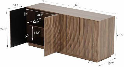 4-Door Sideboard Buffet Cabinet, 59'' Wood Kitchen Storage Cabinet Sideboard with Water Ripple Doors & Suspended Base, 2 Tiers Mid Century Modern TV Stand for Living Dining Room, Walnut