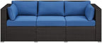 Yaheetech 3-Seat Patio Wicker Sofa, Outdoor Rattan Couch with Furniture Cover, Deep Seat High Back with Cushions & Throw Pillows for Deck/Porch/Balcony/Yard, Brown/Dark Blue