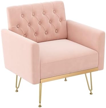 Olela Accent Chair with Arm for Living Room, Velvet Modern Armchair, Pink | Single Sofa Cozy Tufted Upholstered Reading Side Chairs with Gold Metal Leg for Bedroom Decorate