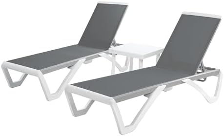 Kozyard 3-Piece Outdoor Chaise Lounge Set Fully Flat Adjustable Lounger | Aluminum Frame & Resin Legs, Textilene Fabric for Poolside, Backyard & Beach Gray, 2 Chairs + Table