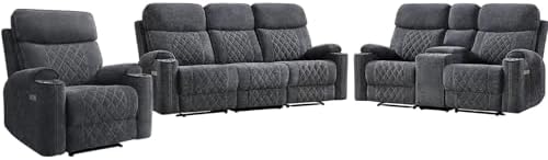 HAOMARKETS 3-Piece Power Recliner Sofa Set with Charging Port, Include Single Recliner Chair, 2-Seater Loveseat Reclining Couch and 3-Seater Reclining Sofa with Cup Holders for Living Room, Dark Grey