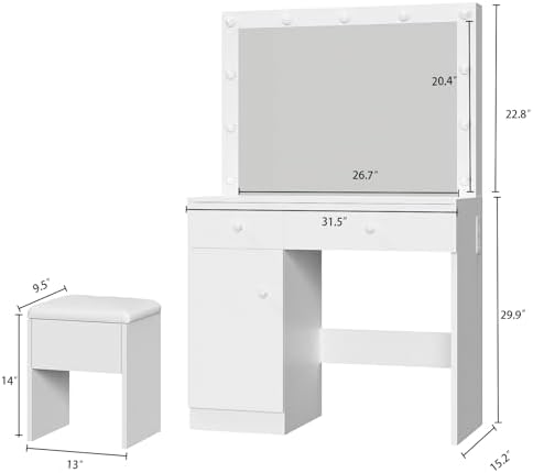 Haewon White Makeup Vanity Desk with Lighted Mirror and Storage Chiar Set | 11 LED Light Bulbs, 3 Lighting Modes, Built-In Charging Station, Storage Cabinet and Drawe for Bedroom