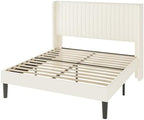 Allewie Queen Size Velvet Bed Frame/Vertical Channel Tufted Wingback Headboard/Upholstered Platform Bed/Strong Wooden Slats/No Box Spring Needed/Easy Assembly/Cream White